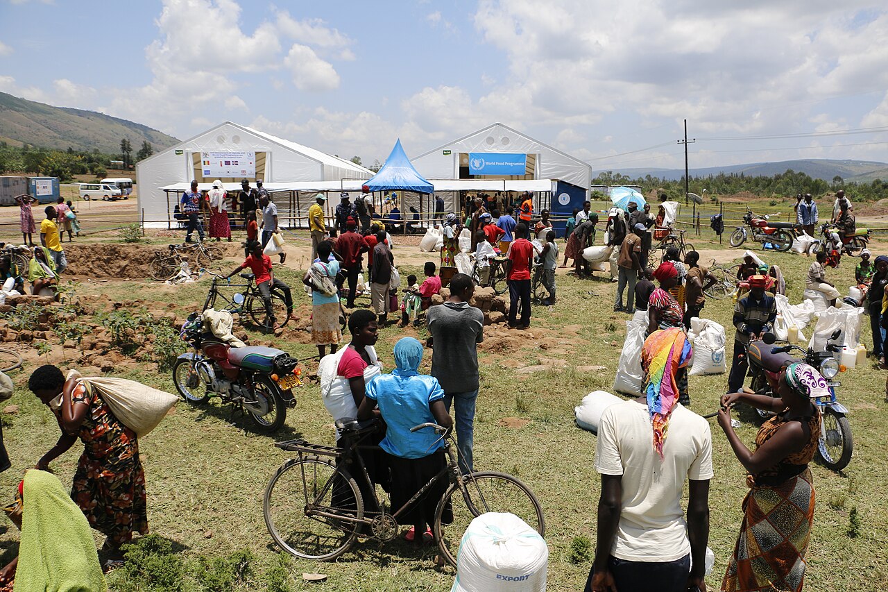 Emergency food distribution at a refugee settlement in Uganda